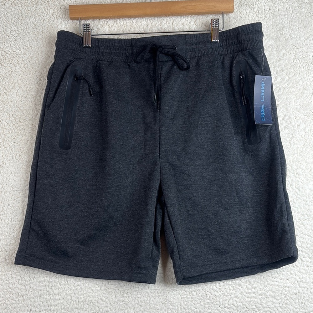 NWT Pure Champ Mens Dark Gray Fleece Casual Gym Sweat Shorts 3-Pockets XL XLARGE
